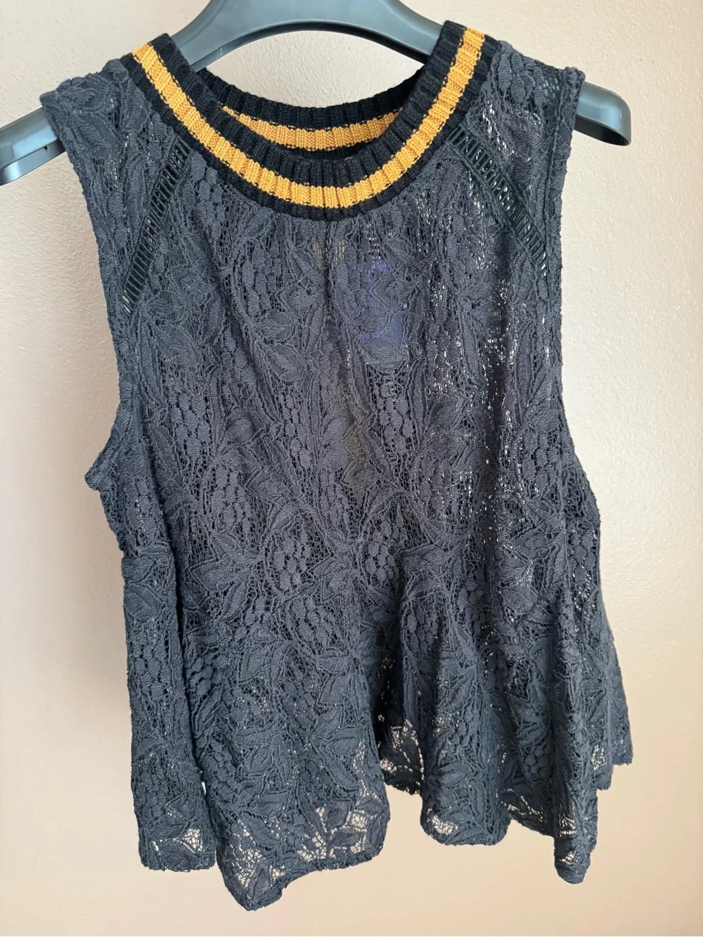 Free People Black Lace sleeveless Tank with brown- Trim Ribbed Neckline/XS/ NWT